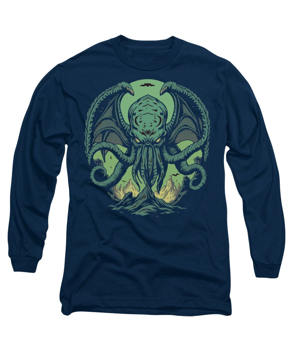 Navy long sleeve T-shirt with neon green monster graphic centered on chest