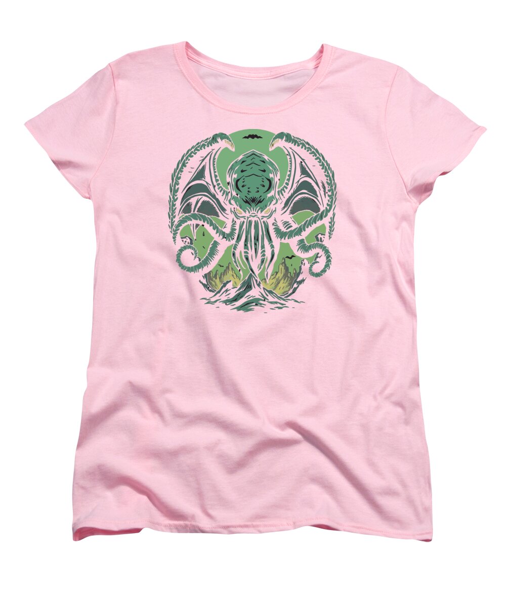 Pink women’s graphic t-shirt with green tentacled demon face front print