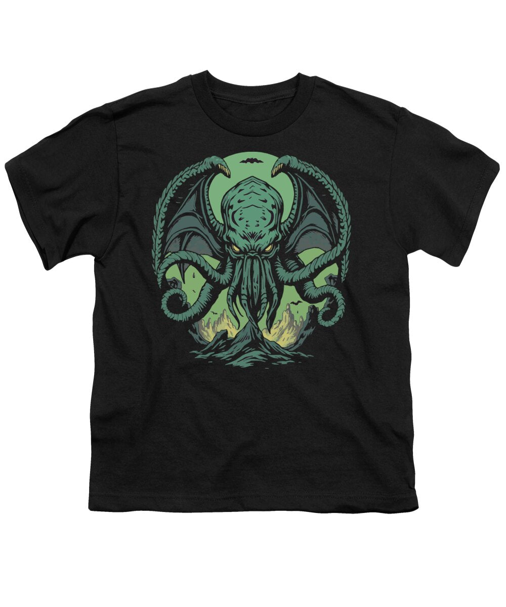Black youth graphic t-shirt with green tentacled demon face and wings print
