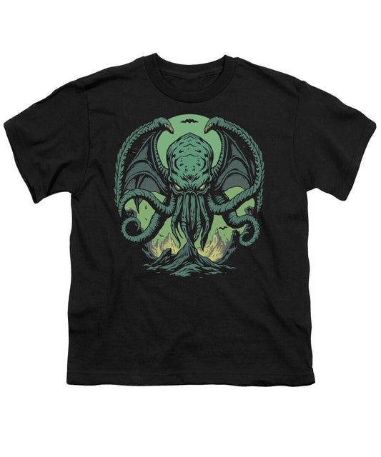 Black youth graphic t-shirt with green tentacled demon face and wings print