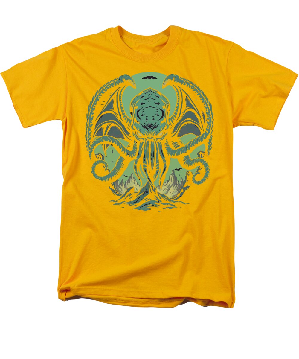 Men's graphic t-shirt, yellow crew neck with green demon tentacle front print