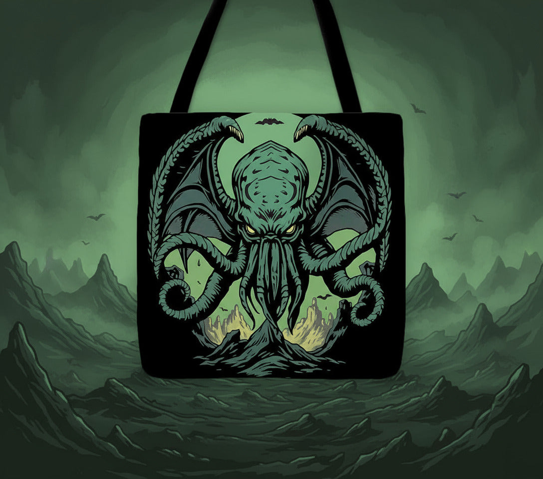 Tote bag with black fabric and teal Cthulhu-style octopus demon graphic, front view