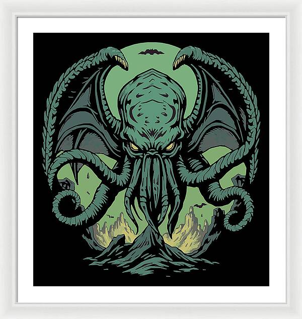 Framed wall art print of teal Cthulhu demon with tentacles on black background, white frame