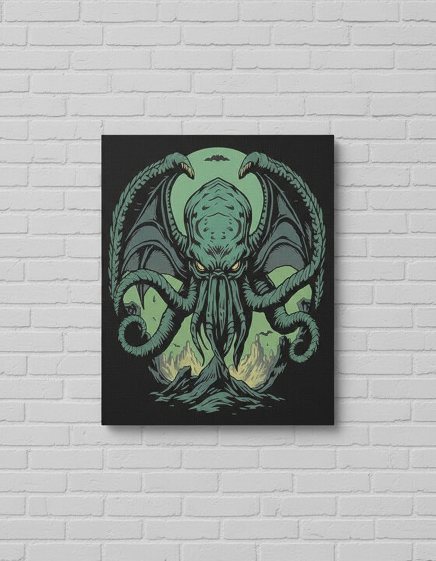 Cthulhu demon wood print with teal tentacled creature face on dark background