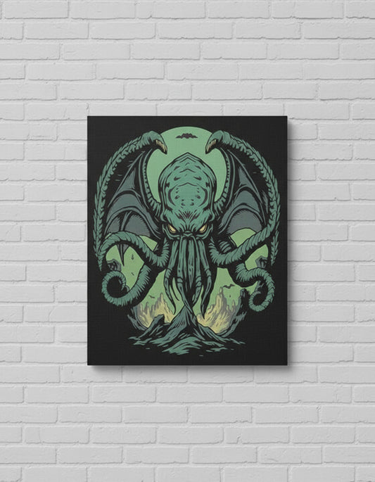 Cthulhu demon wood print with teal tentacled creature face on dark background