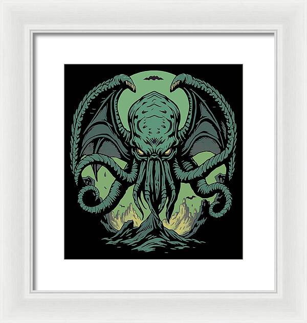 Framed wall art print of a green Cthulhu-like demon, white frame on light mat