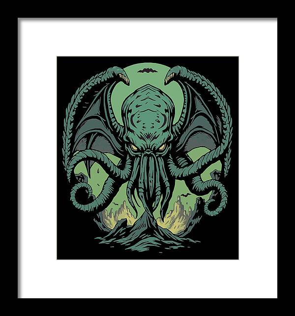 Framed wall art print of a green Cthulhu-like demon, white border on dark frame
