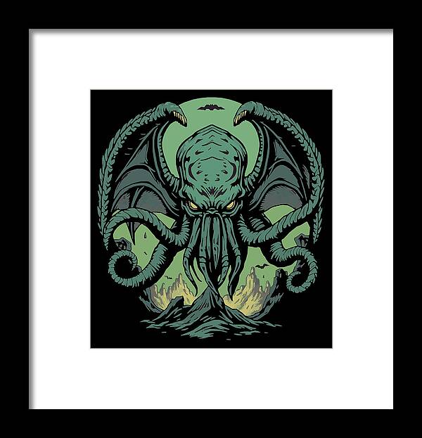 Framed wall art print of teal Cthulhu demon with tentacles on black background, black frame