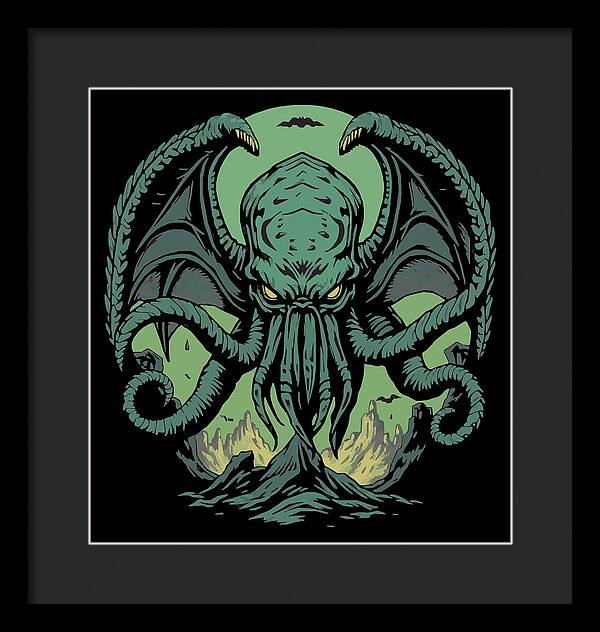 Cthulhu demon framed print with green tentacled monster on dark background, black frame