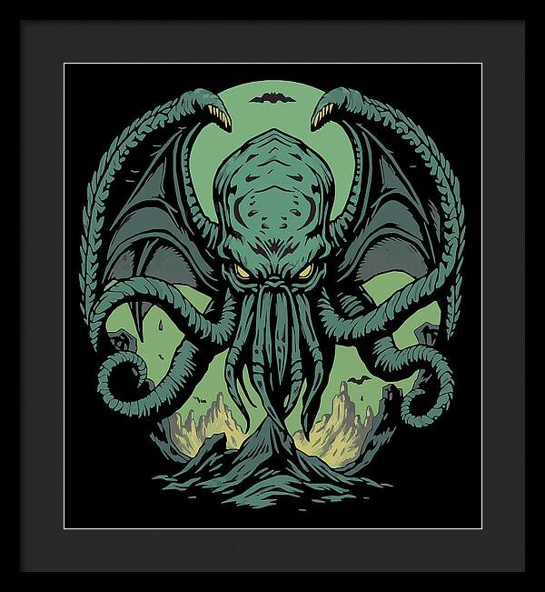 Framed wall art print of green tentacled demon, black frame and dark mat