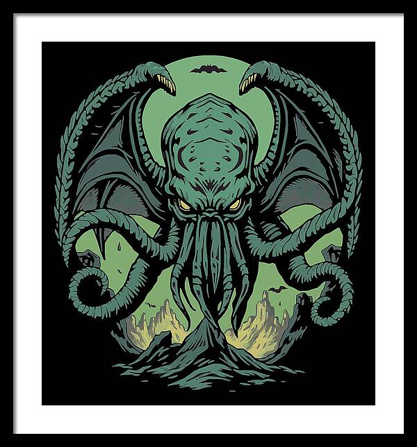 Framed wall art print of green tentacled demon, black frame with white mat