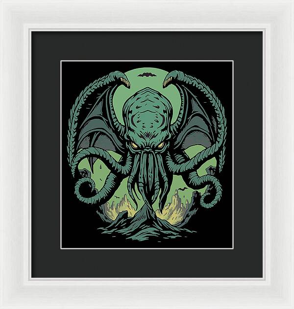 Cthulhu demon framed print with green tentacled monster on dark background, white frame