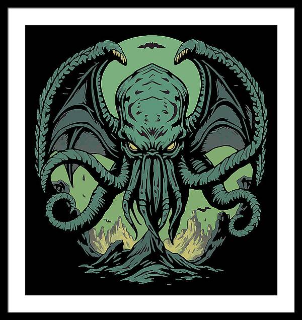 Framed wall art print of teal Cthulhu demon with tentacles on black background, white frame