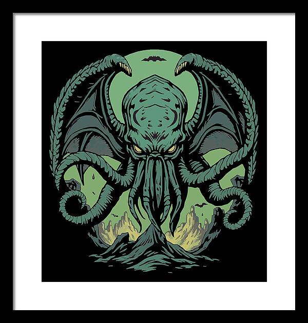 Cthulhu demon framed print with green tentacled creature on dark background, black frame border