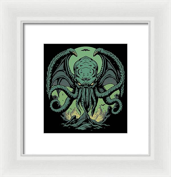 Framed wall art print of a green Cthulhu-like demon, white frame and white mat