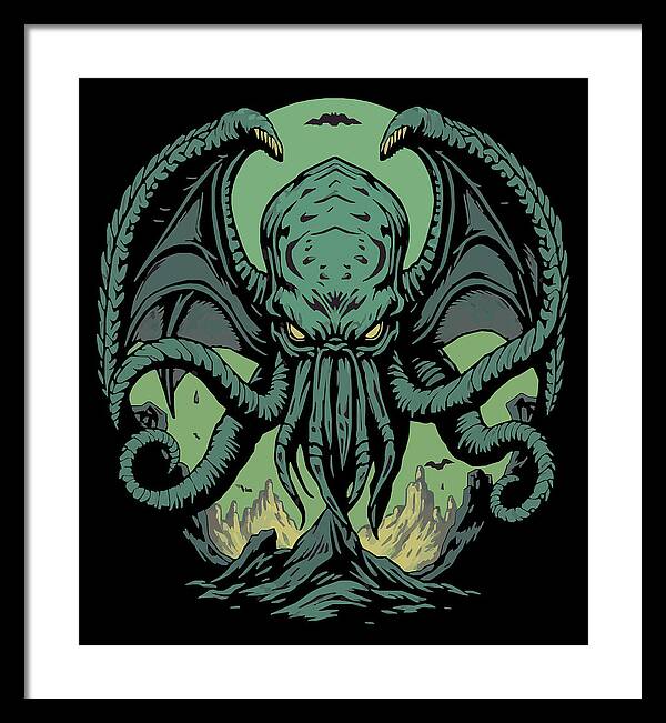 Cthulhu demon framed print with green tentacled creature on dark background, white frame