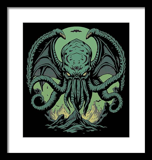 Cthulhu demon framed print with green tentacled monster, dark center, white frame border