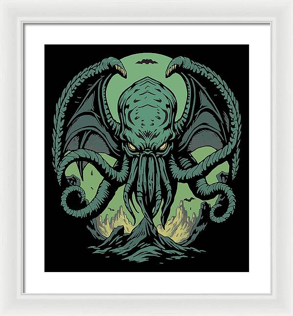 Framed wall art print of green tentacled demon, white frame and light mat
