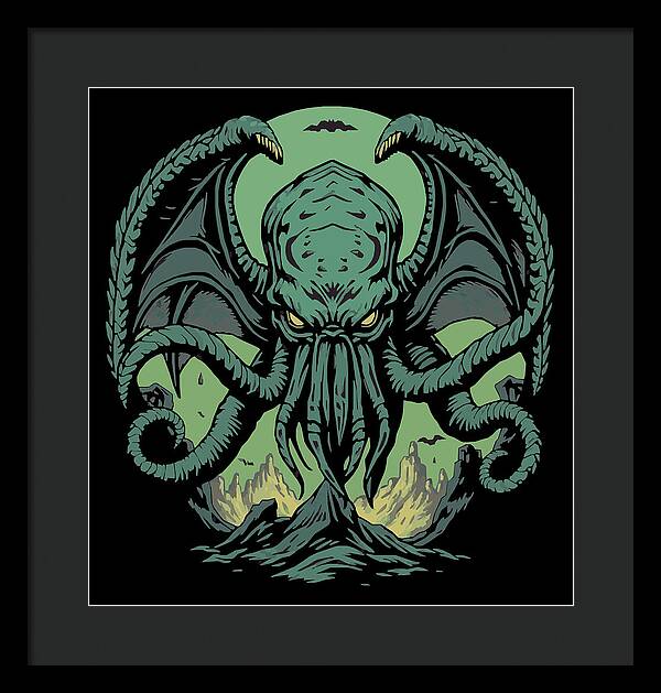 Cthulhu demon framed print with green tentacled monster on dark background, black frame