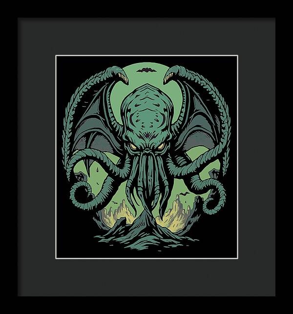 Framed wall art print of a green Cthulhu-like demon, black frame with dark mat