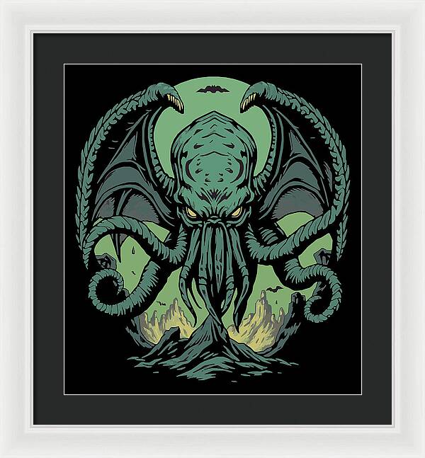 Framed wall art print of green tentacled demon, white frame and dark mat