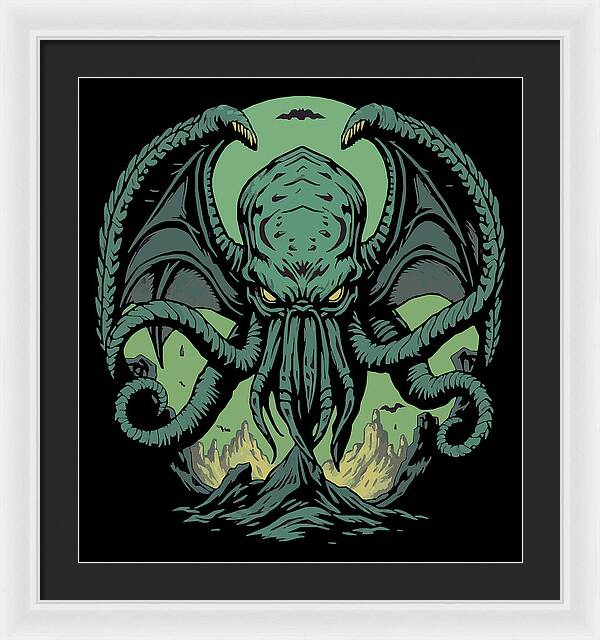 Framed wall art print of teal Cthulhu demon with tentacles on black background, light frame