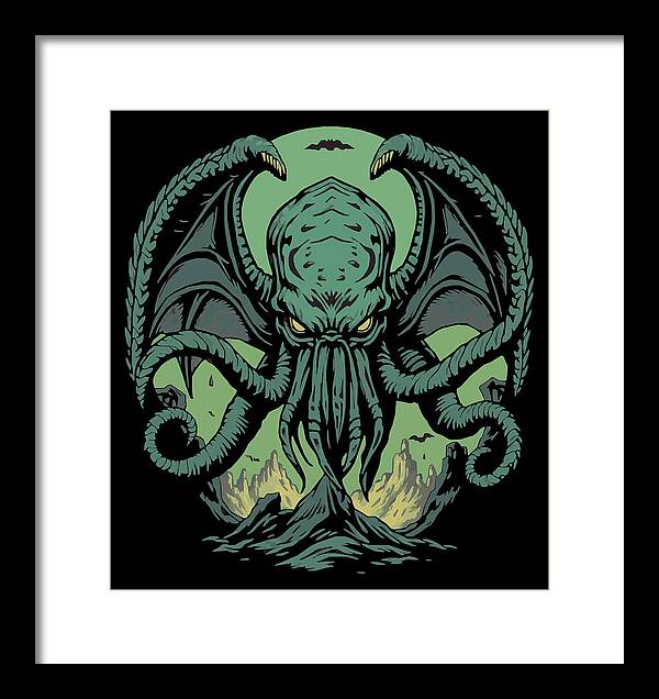 Framed wall art print of a green Cthulhu-like demon, white frame with black inner area