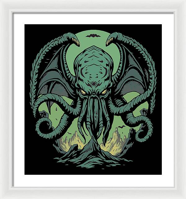 Framed wall art print of teal Cthulhu demon with tentacles on black background, white frame