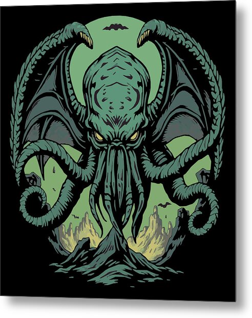 Demon metal print wall art with teal and green tentacled creature, dark background