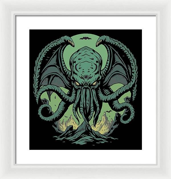 Cthulhu demon framed print with green tentacled creature on dark background, white frame