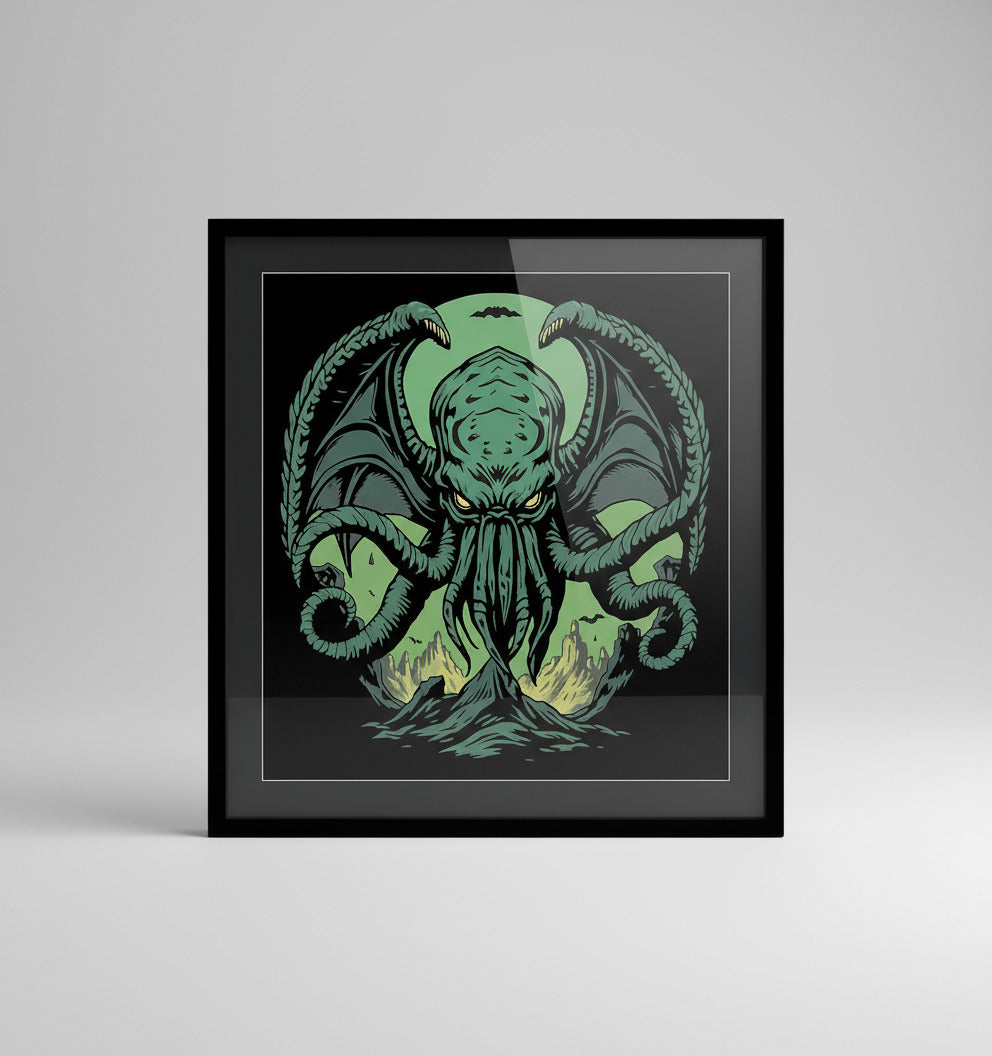 Framed wall art print of teal Cthulhu demon with tentacles on black background, black frame