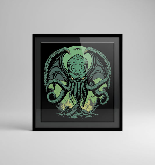 Framed wall art print of teal Cthulhu demon with tentacles on black background, black frame