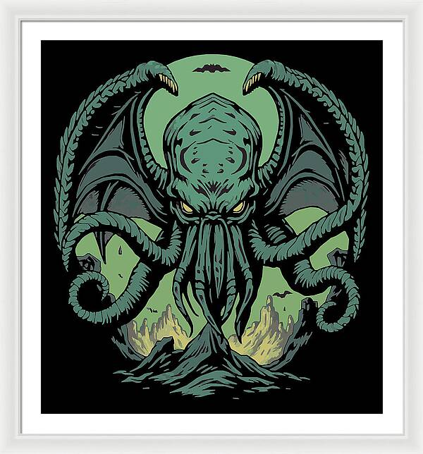 Framed wall art print of teal Cthulhu demon with tentacles on black background, white frame