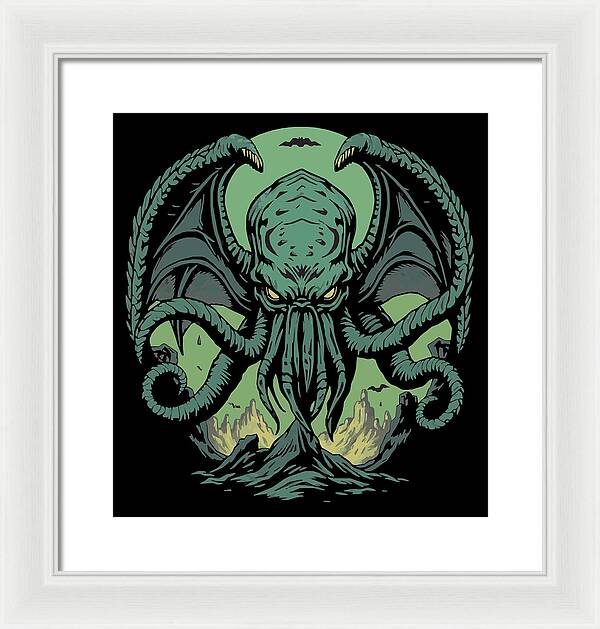Cthulhu demon framed print with green tentacled creature on dark background, white frame