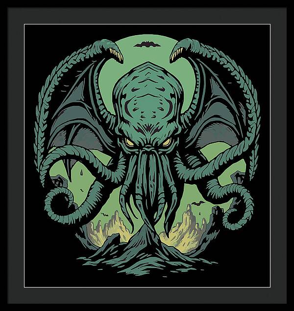 Framed wall art print of teal Cthulhu demon with tentacles on black background, dark frame