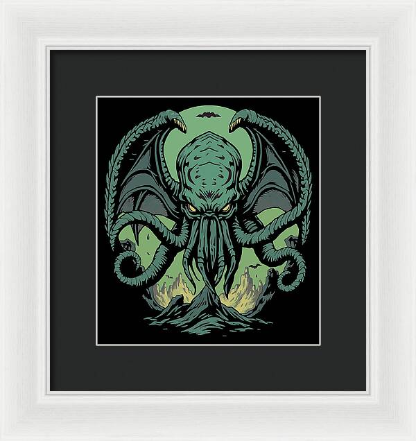 Framed wall art print of a green Cthulhu-like demon, white frame with dark mat