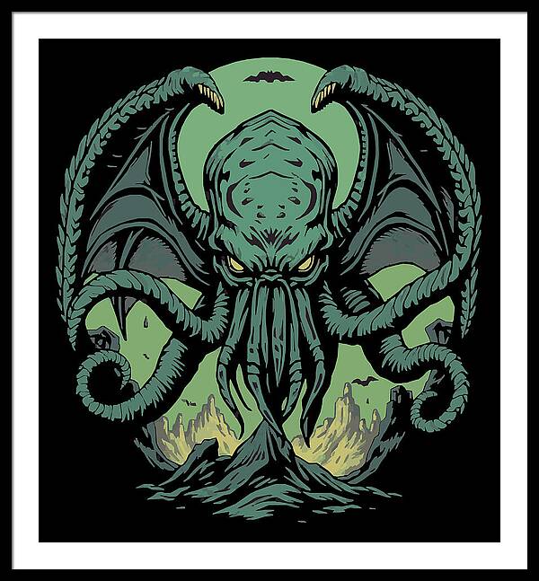 Framed wall art print of teal Cthulhu demon with tentacles on black background, white frame