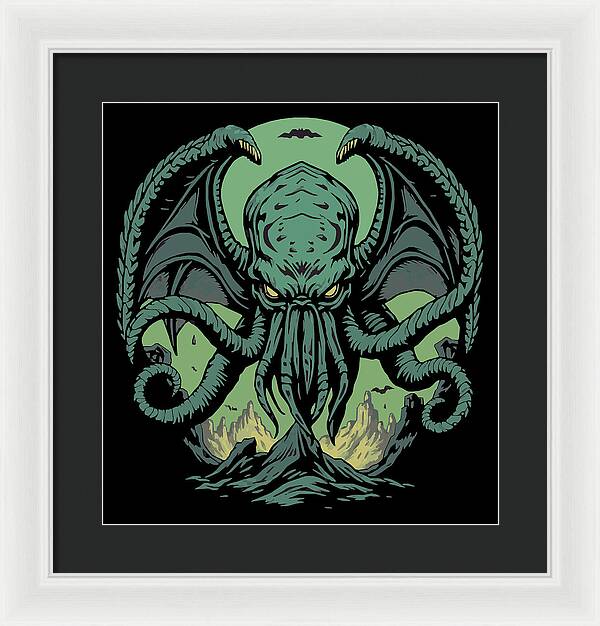 Cthulhu demon framed print with green tentacled monster on dark background, white outer frame