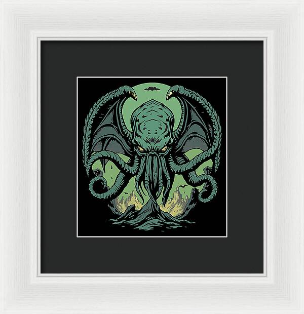Framed wall art print of a green Cthulhu-like demon, white frame with dark backing