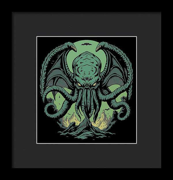 Framed wall art print of a green Cthulhu-like demon, black frame and dark mat