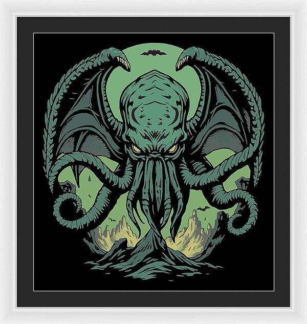 Framed wall art print of teal Cthulhu demon with tentacles on black background, dark gray frame