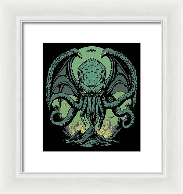 Framed wall art print of a green Cthulhu-like demon, white frame with black inner mat