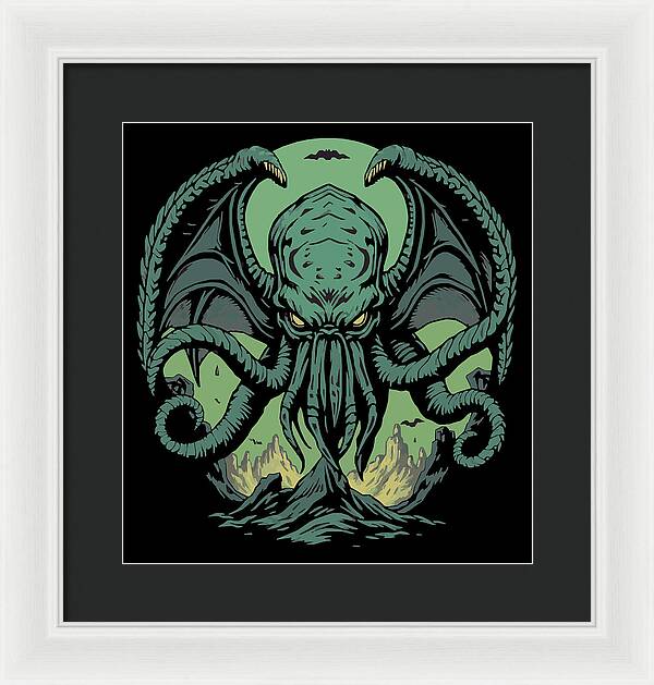 Cthulhu demon framed print with green tentacled monster, dark center, light mat, white frame