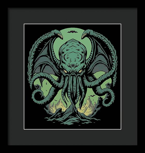 Framed wall art print of a green Cthulhu-like demon, black frame with dark mat backing