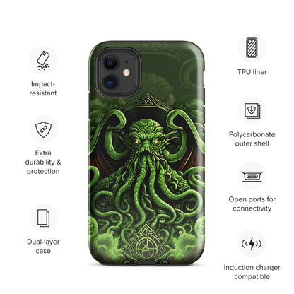 Green tough phone case: impact-resistant, dual-layer with TPU liner and polycarbonate shell; open ports