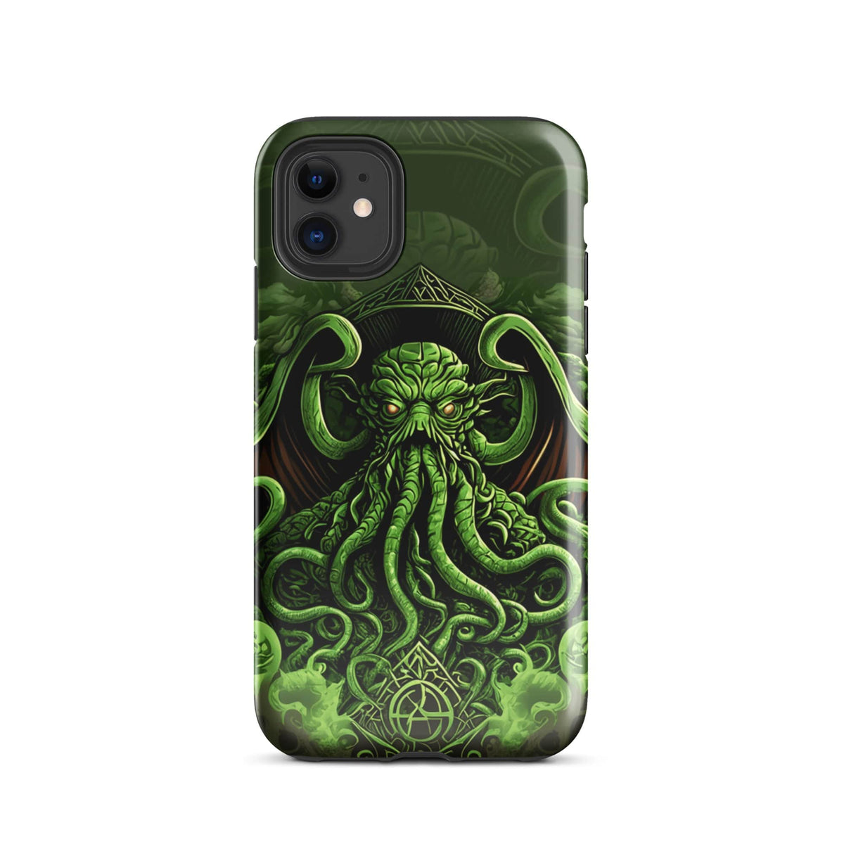 Green tough phone case with Cthulhu tentacle art and dual-lens camera cutout
