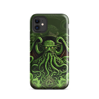 Green tough phone case with Cthulhu tentacle art and dual-lens camera cutout