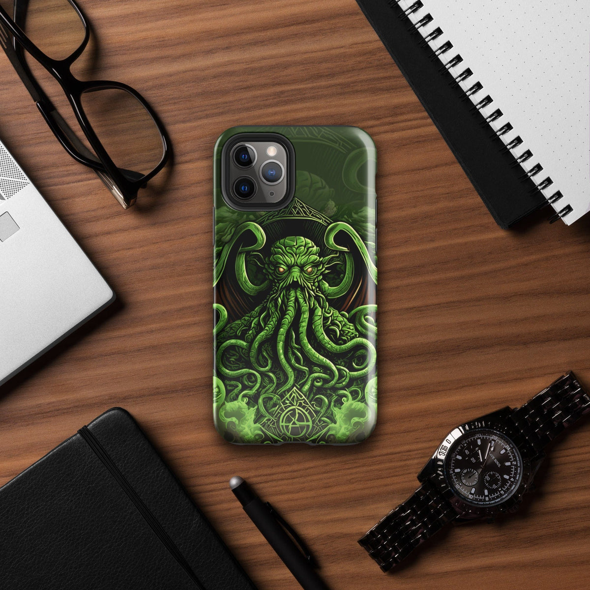 Tough phone case, 3/4 view, featuring Cthulhu tentacled art in dark green with neon details.