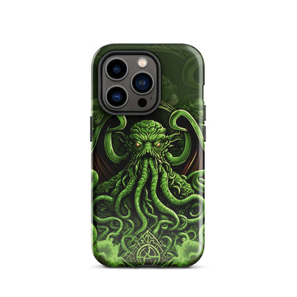iPhone tough case with green Cthulhu octopus graphic and side-edge protection