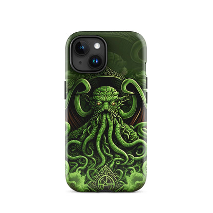 iPhone tough case with green Cthulhu octopus graphic and front lens windows